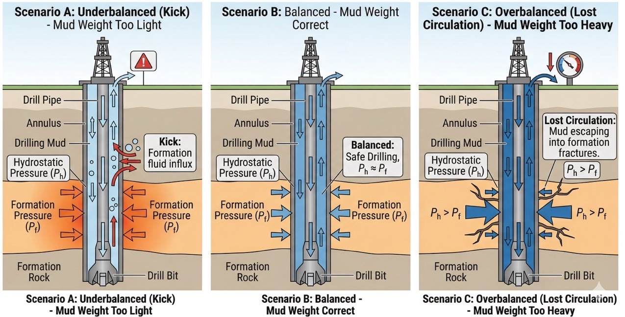 Wellbore pressure balance. Left: mud too light — formation fluids enter the wellbore (kick). Center: balanced — mud pressure controls the well. Right: mud too heavy — formation fractures and mud is lost.